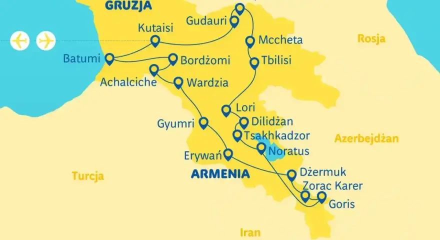 Mapa trasy wycieczki do Gruzji i Armenii: Batumi, Kutaisi, Tbilisi, Erywań i inne miasta.