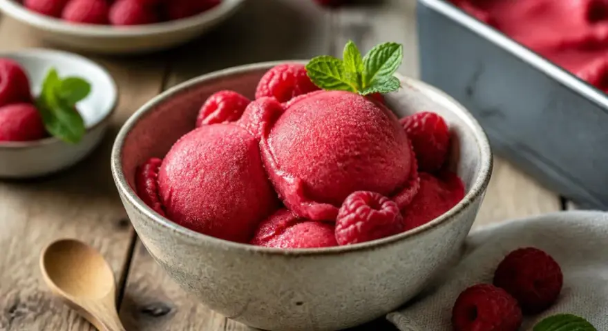 Himbeersorbet, das man einfach **sorbet selber machen ohne eismaschine** kann. Serviert in einer Schale mit frischen Himbeeren und Minze.