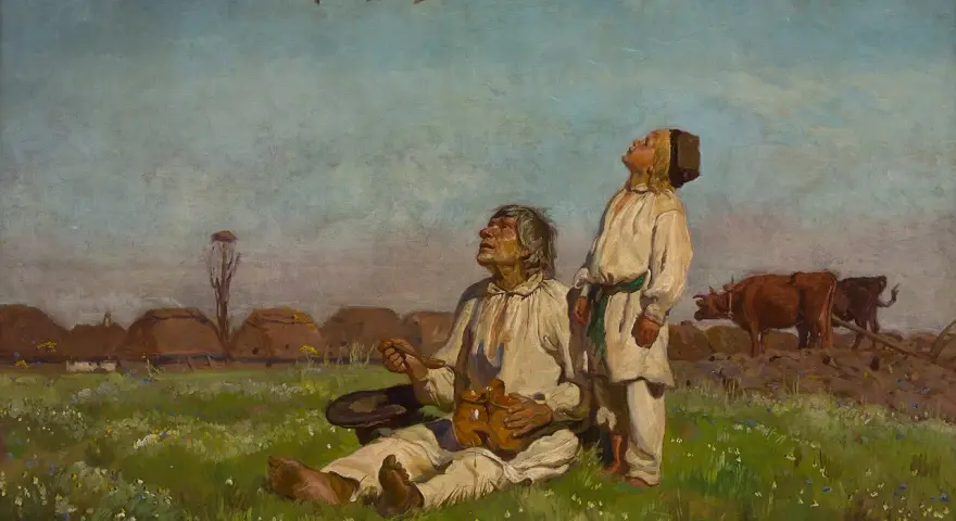 Obraz przedstawia dwóch mężczyzn wpatrzonych w niebo, gdzie latają bociany. W tle wieś i pasące się krowy.