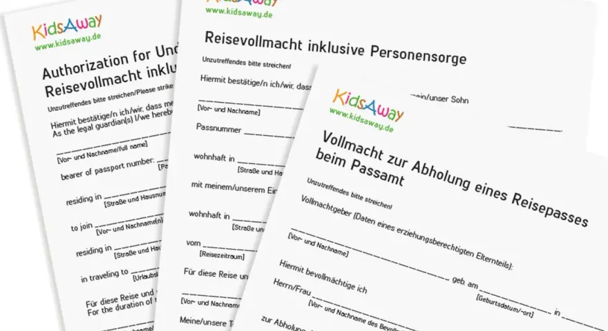Mehrere Formulare von KidsAway, darunter eine Reisevollmacht für Kinder und eine Vollmacht zur Abholung eines Reisepasses.