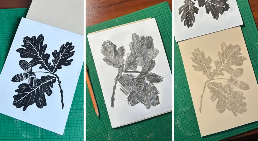 Tre steg i skapandet av ett linoleumtryck med ekollon och blad. Inspiration för ditt eget linoleumtryck.