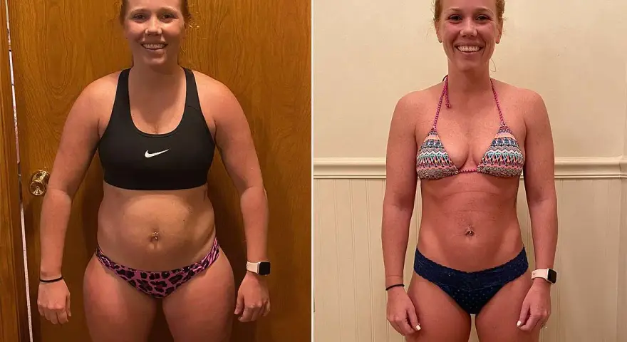 Woman's fitness journey: before and after, showcasing significant changes after using an assault bike.