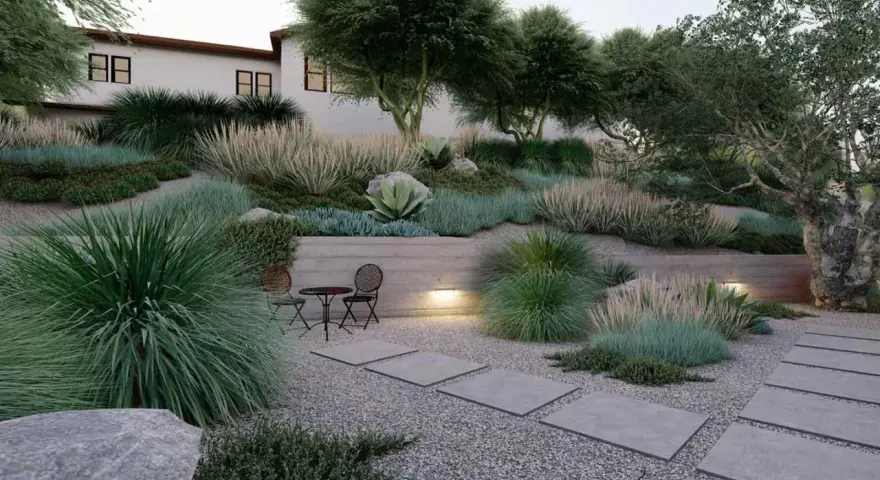 Giardino moderno con ghiaia, piante ornamentali e un piccolo tavolo. Idee giardino con ghiaia per un'oasi di pace.