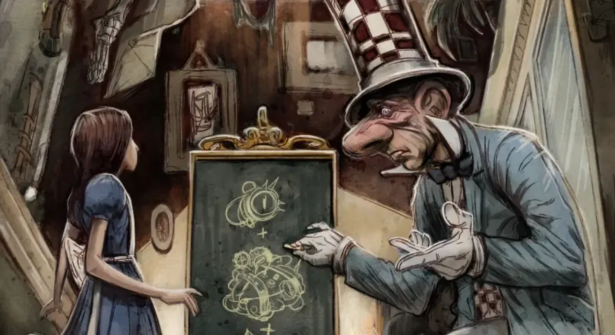 Alice en el asilo, observando al Sombrerero Loco dibujar extraños diagramas en una pizarra.