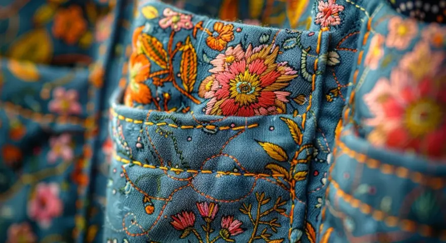 Gros plan sur des poches aux motifs floraux colorés. Différents types de poche, ornés de broderies vives sur fond bleu.