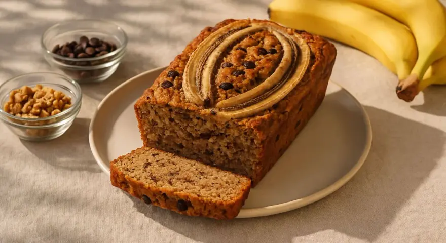 Ein saftiges Bananenbrot ohne Zucker, garniert mit Bananenscheiben und Schokostückchen. Daneben Schüsseln mit Nüssen und Schokodrops.