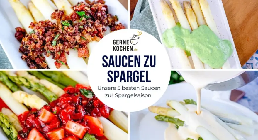 Vier Collagen-Bilder zeigen Spargel mit verschiedenen Saucen: mit Speck, grüner Sauce, Erdbeeren und Hollandaise. Perfekte Saucen zu Spargel.