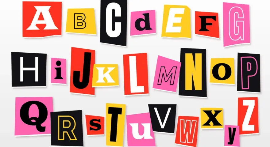 Kolorowe wycinki z gazet z literami alfabetu. Czy to są głoski? Tak, to litery, które tworzą głoski.