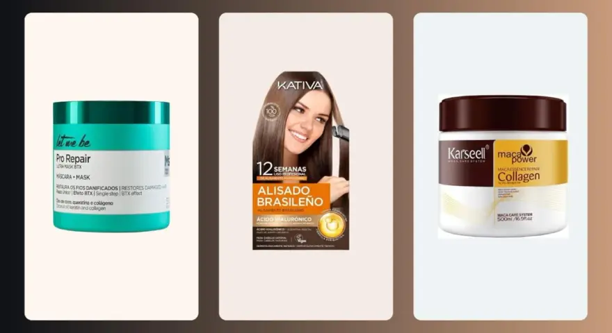 Tres productos capilares: mascarilla reparadora con queratina, alisado brasileño y tratamiento de colágeno. Descubre para qué sirve la keratina en tu cabello.