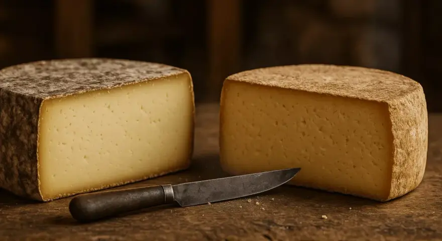 Deux belles tomes de fromage, coupées en deux, reposent sur une planche de bois. Un couteau ancien est posé entre elles.