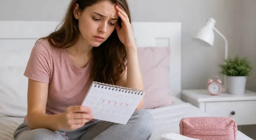 Zmartwiona kobieta patrzy na kalendarz z pytajnikami, zastanawiając się, kiedy będzie okres. Tydzień wcześniej też miała podobne wątpliwości.