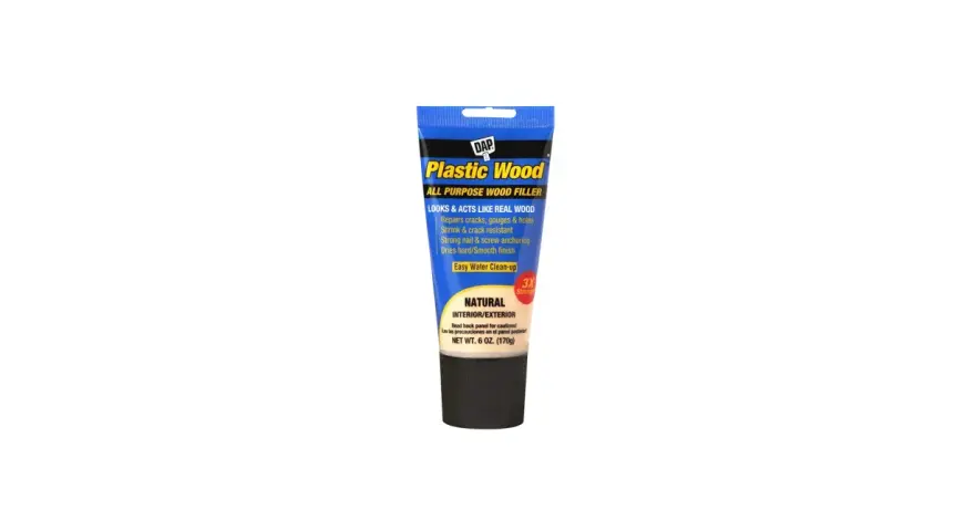 Tube of DAP Plastic Wood All Purpose Wood Filler in Natural color. This filler repairs cracks, gouges, and holes, dries hard, and is shrink and crack resistant.
