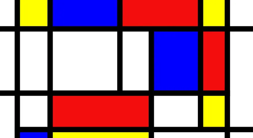 Composition abstraite typique du mouvement artistique de Piet Mondrian, avec des rectangles noirs, blancs, rouges, bleus et jaunes.