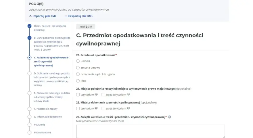 Formularz PCC-3(6) - C. Przedmiot opodatkowania i treść czynności cywilnoprawnej. Wzór dokumentu do wypełnienia.