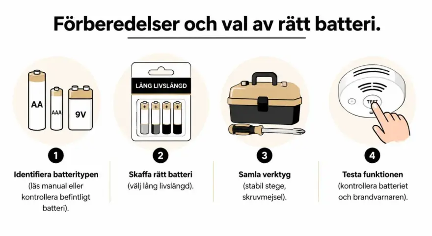 Steg för att byta batteri i brandlarmet: identifiera batterityp, skaffa rätt batteri, samla verktyg och testa funktionen så att brandlarmet inte piper i onödan.