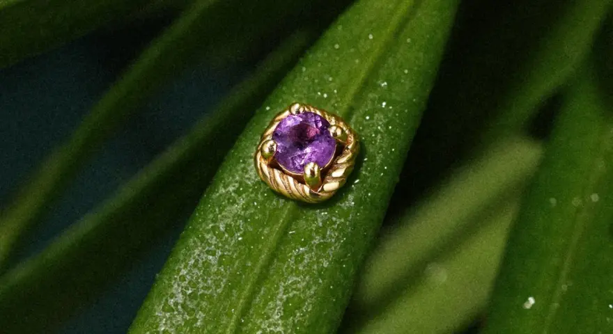 Złoty kolczyk z ametystem na zielonym liściu, symbolizujący **tragus gojenie**.