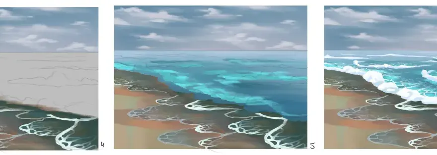 Secuencia de imágenes que muestran cómo dibujar agua, desde un boceto inicial hasta olas detalladas rompiendo en la playa.