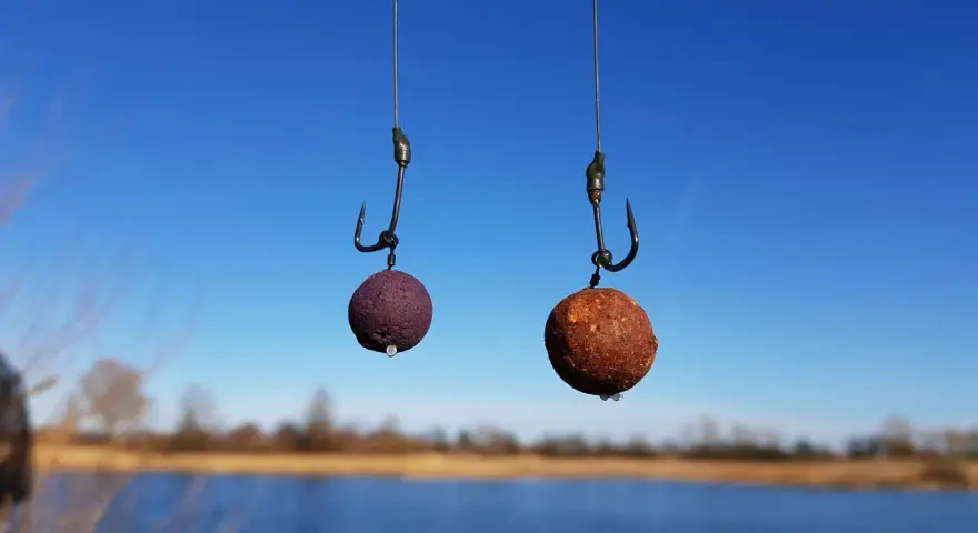 Dwa czeskie kulki proteinowe wiszą na haczykach nad wodą, gotowe do połowu.