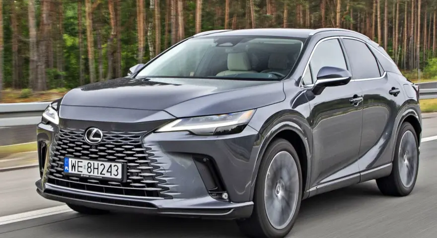 Szary Lexus RX 2026 jedzie po drodze, las w tle.