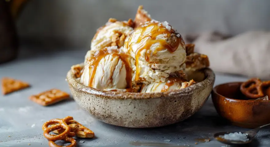 Schüssel mit Salted Caramel Eis, beträufelt mit Karamellsauce und bestreut mit Meersalz. Perfekt dazu passen Brezeln und Kekse.
