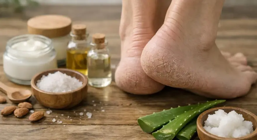 Pieds secs avec le talon craquelé, entourés d'ingrédients naturels pour un soin : aloe vera, sel, huiles et crème.