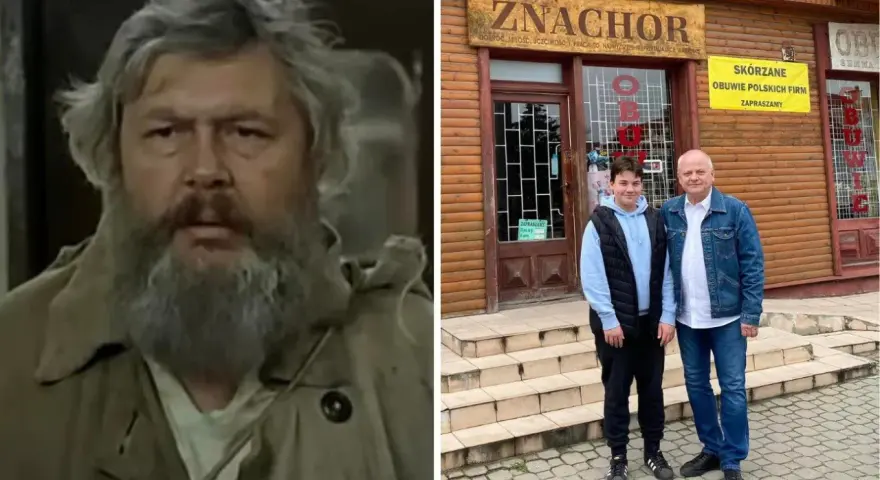 Dwóch mężczyzn przed sklepem "Znachor", gdzie rozgrywa się akcja filmu.