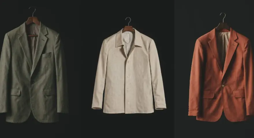 Tre giacche eleganti, una verde slavato, una beige e una color ruggine, appese su grucce di legno.