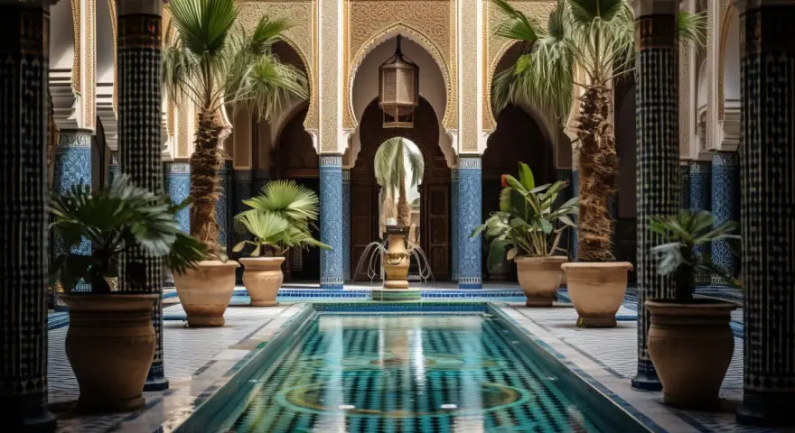 Un magnifique patio marocain avec une piscine centrale, des palmiers et des fontaines, orné de zelliges bleus et de colonnes sculptées.