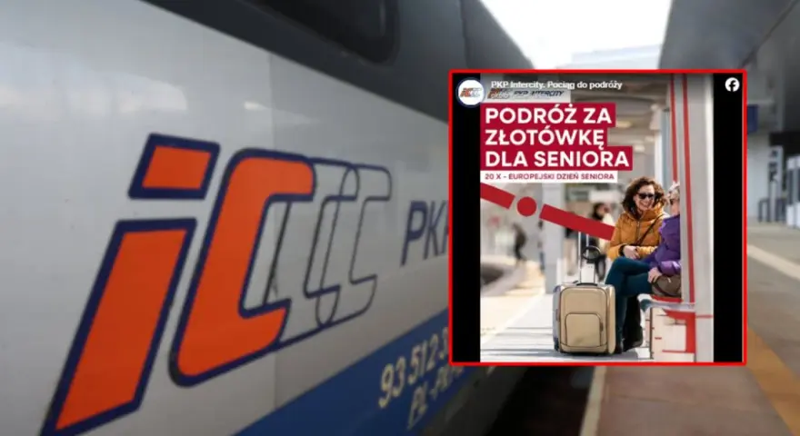 Logo PKP Intercity na pociągu i plakat z seniorami na dworcu.