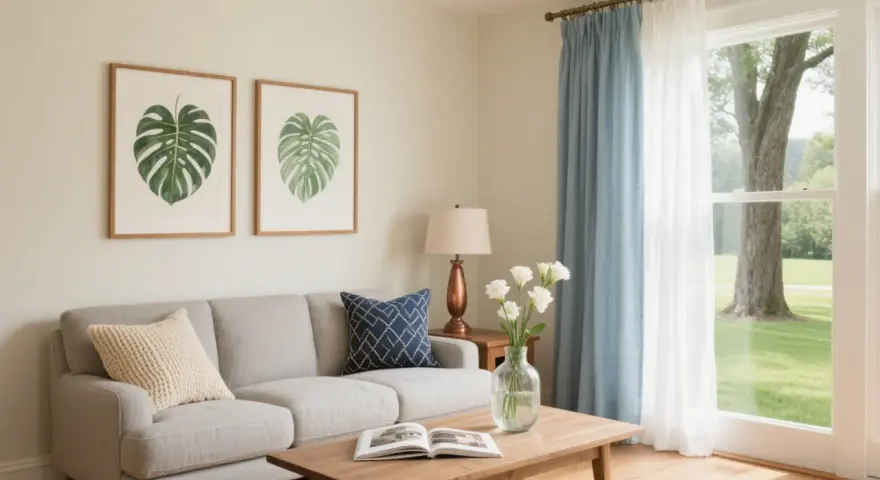 Soggiorno con divano grigio chiaro, cuscini decorativi e un tavolino in legno. Le tende blu e bianche si abbinano al divano, creando un'atmosfera rilassante.