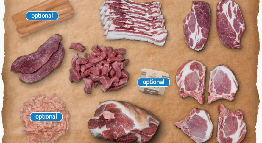 Verschiedene Fleischstücke, darunter Bratwürste, Speck, Rindersteaks und Schweinekoteletts. Der **Sattelschwein Geschmack** ist hier vielfältig zu erleben.