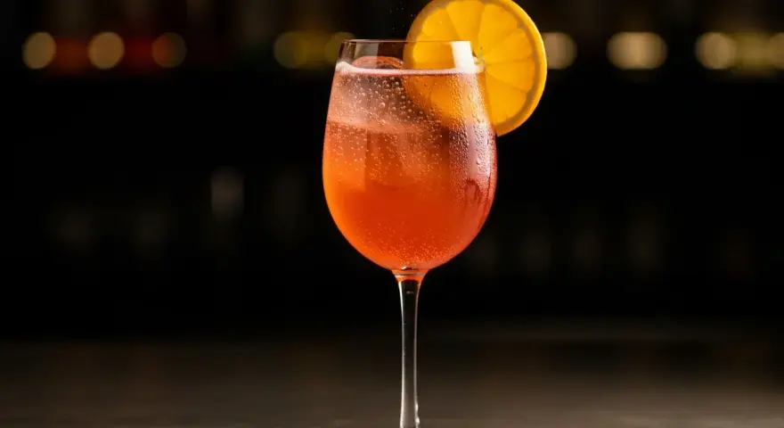 Ett glas med bubblig, orange drink, troligen en cava aperol, med en apelsinskiva som garnering.