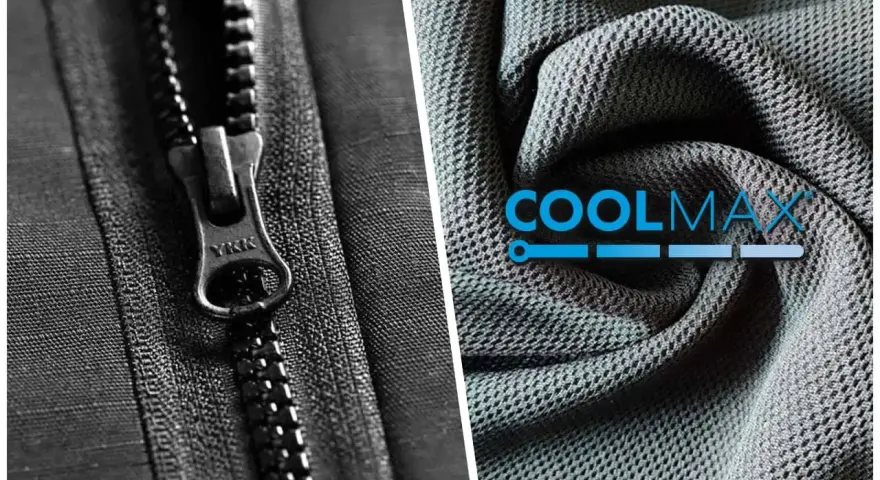 Zamek YKK i sztywna tkanina na spodnie z logo COOLMAX.