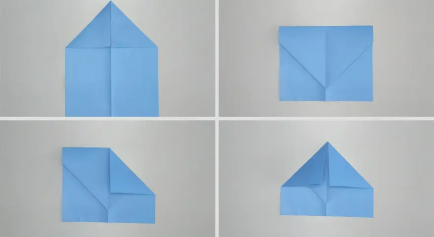 Schritt-für-Schritt-Anleitung zum Papierflieger basteln: Vier Ansichten zeigen, wie aus blauem Papier ein Flugzeug entsteht.