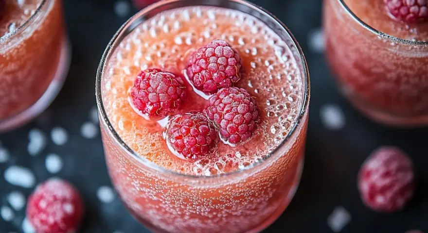Verre de soupe de champagne pétillante, garni de framboises givrées. Un délice fruité et festif.