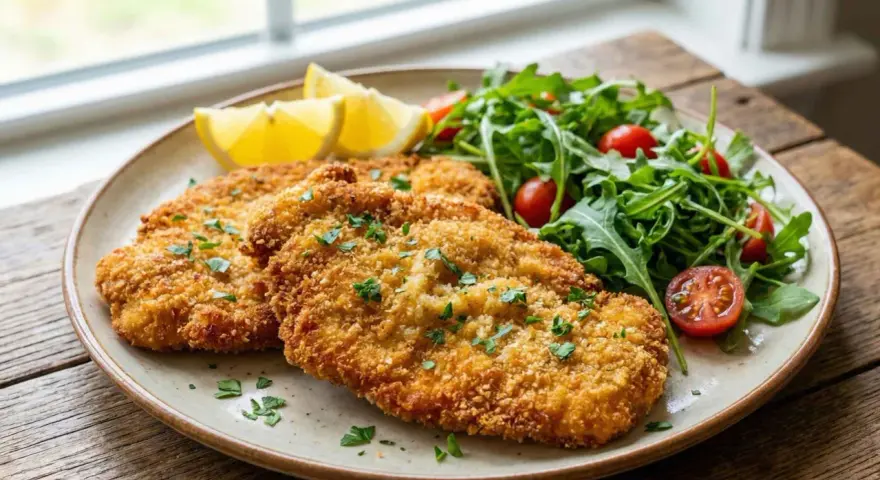 Milanesa de pollo dorada y crujiente, servida con ensalada fresca de rúcula y tomates cherry, acompañada de gajos de limón.
