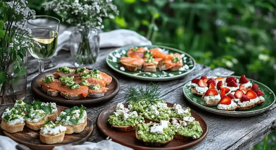 Välkomna till midsommar! Små, läckra snittar med lax, avokado och bär dukas upp på ett rustikt träbord.