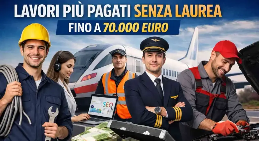 Professionisti sorridenti in vari settori, tra cui un pilota, un meccanico e un tecnico, suggeriscono lavori ben pagati senza esperienza, con un treno e un aereo sullo sfondo.