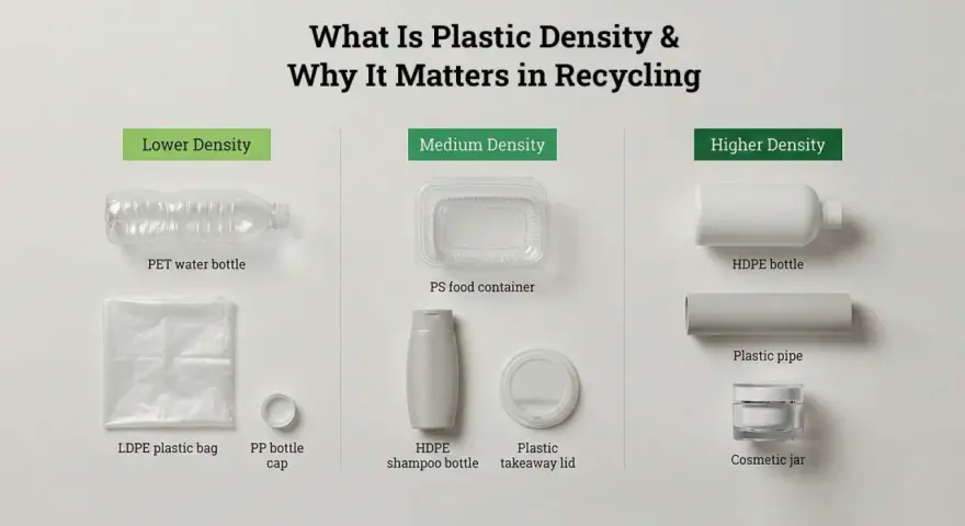 Visual guide showing plastic items categorized by density: PET bottles (lower), food containers (medium), and HDPE bottles/pipes (higher). Understanding the weight of plastics aids recycling.