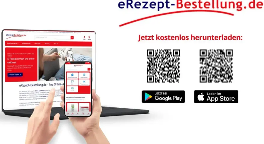 Laptop mit Webseite, Handy mit App, QR-Codes und App Store/Google Play Logos.
