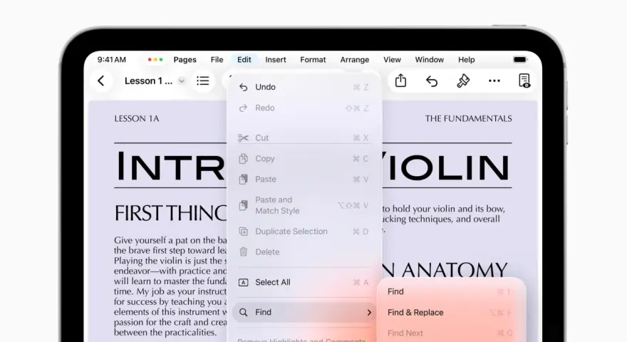 Na ekranie iPada z systemem iPadOS 26 widać menu Edycja z opcjami Undo, Redo, Cut, Copy, Paste i Find.