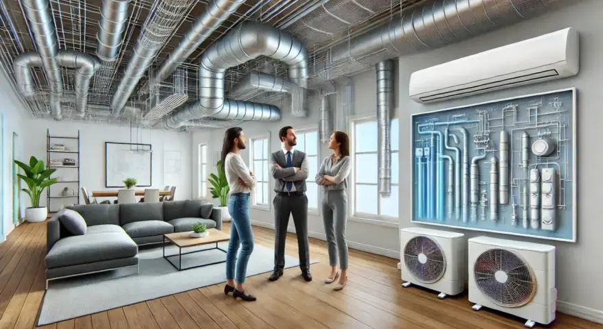 Tres personas discuten sobre un sistema hvac que es, con tuberías visibles en el techo y unidades exteriores.