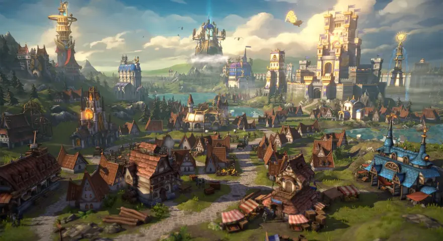 Fantastyczne miasto z zamkami i wieżami, zapowiadające premierę gry "Heroes olden era".