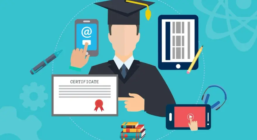 Absolvent mit Zertifikat und digitalen Lernmitteln. Was bedeutet B.Sc.? Ein Bachelor of Science Abschluss symbolisiert akademische Leistung.