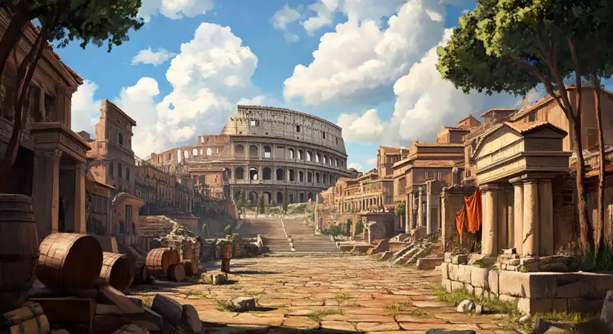 Vista del Coliseo y edificios antiguos, con barriles de madera en primer plano. Un paisaje que evoca el inicio del imperio romano.