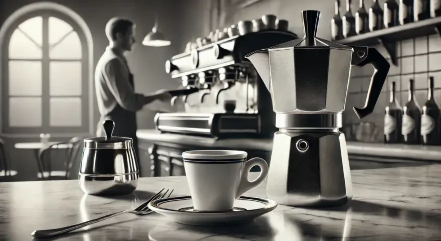 Kawiarka i filiżanka na blacie, barista w tle przygotowuje kawy włoskie.
