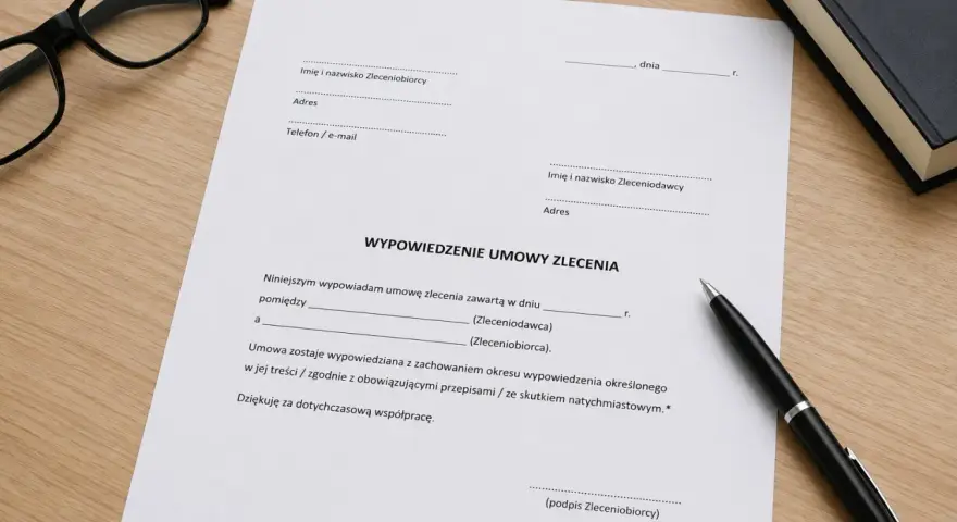 Dokument wypowiedzenie umowy zlecenia na drewnianym biurku, obok długopis i okulary.
