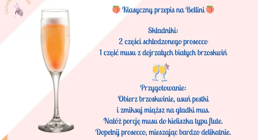 Klasyczny przepis na Bellini: schłodzone prosecco i mus z brzoskwiń. Idealny drink na wakacje!