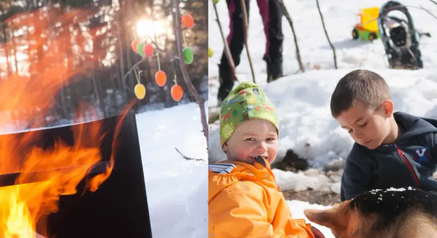 Varm eld och färgglada påskägg i snön. Barn och hund njuter av påsklekar utomhus.