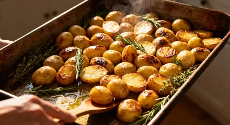 Pommes de terre grenaille au four, dorées et fumantes, parsemées de romarin et de thym. Un délice croustillant prêt à être dégusté.